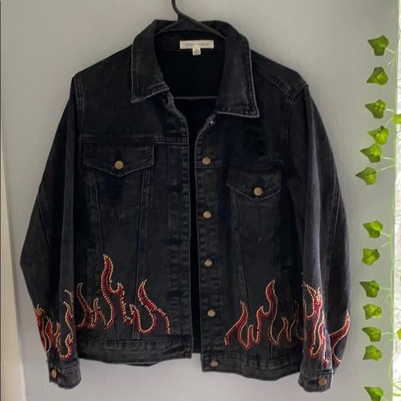 Honey Punch Jackets & Blazers - Black distressed denim flame jacket